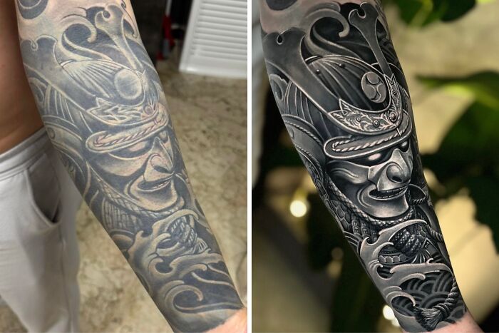 A before and after image showing an old samurai helmet tattoo regret transformed into an incredible cover-up with detailed armor.
