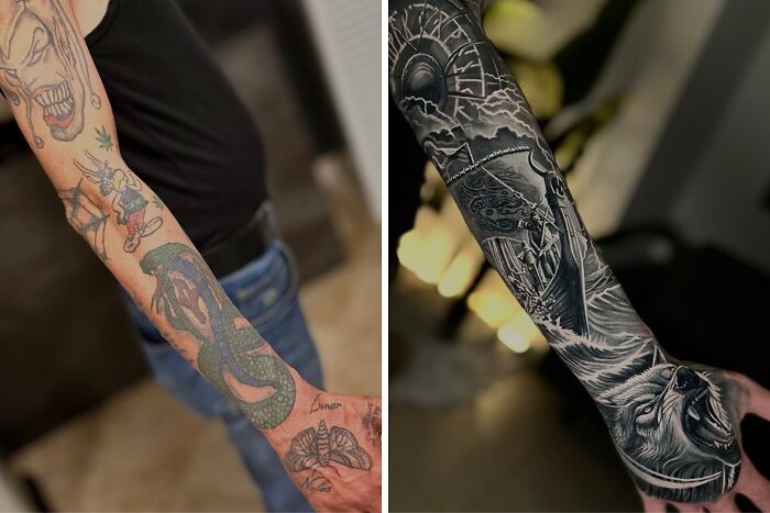 A before and after image of multiple old tattoos transformed into an incredible cover-up featuring a viking ship and bear.