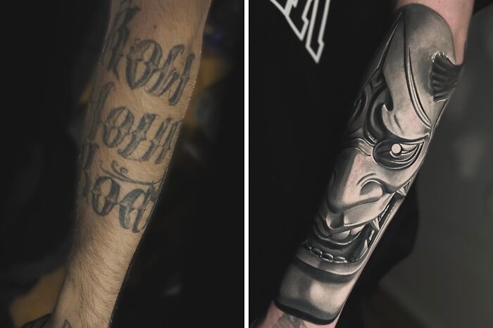 A man's forearm with faded script tattoo transformed into a striking, detailed grey Hannya mask, an incredible tattoo cover-up.