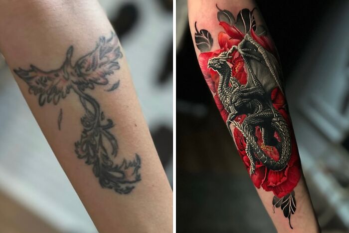 An old, faded phoenix outline tattoo on an arm is transformed into a vibrant, detailed dragon amidst red flowers, an incredible tattoo cover-up.