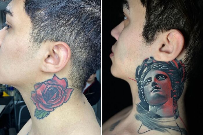 Before and after, a small rose tattoo transformed into a detailed grey Greek statue as an incredible tattoo cover-up.