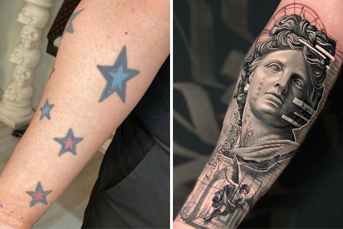 An impressive tattoo cover-up turning old star ink into a detailed classical sculpture and architectural design.