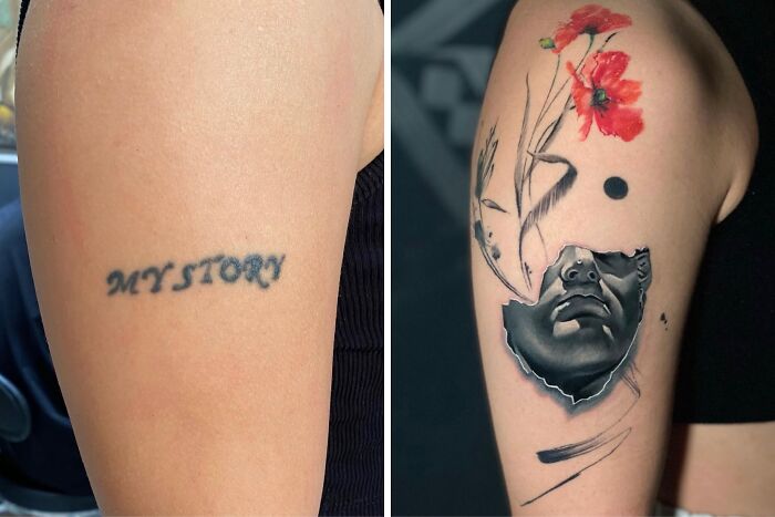 From tattoo regret to artwork: a simple 'MY STORY' old ink transformed into a complex, abstract design.