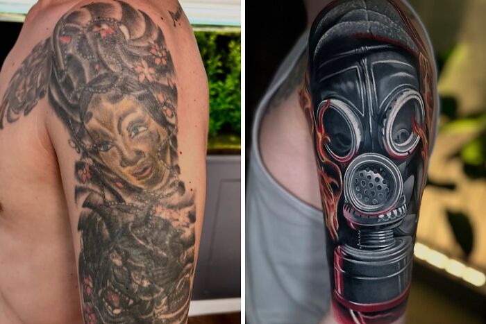 A stunning tattoo cover-up where old ink of a face is replaced with an intense gas mask art.