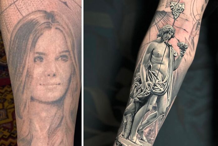 An incredible tattoo cover-up transforming an old ink portrait into a detailed Greek statue design.