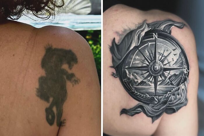 Before and after tattoo cover-up transformation, showing an old ink replaced by an intricate compass design.