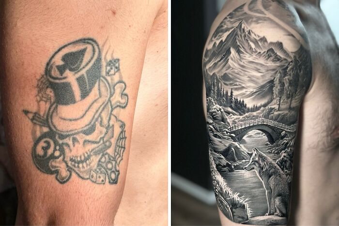 A before-and-after image showing an old skull tattoo regret expertly covered up by a majestic mountain and wolf scene.