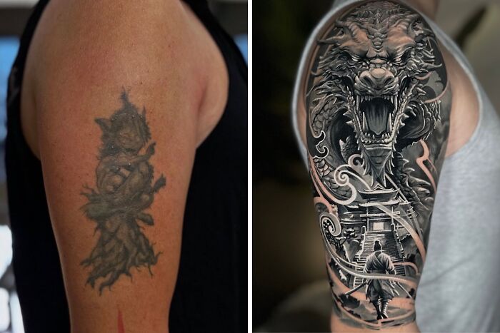 An old, faded tattoo regret of a figure is transformed into an incredible dragon and samurai cover-up tattoo.