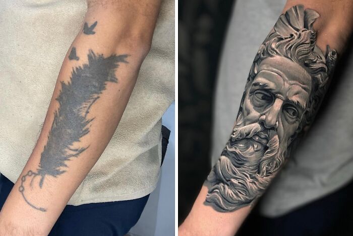 A before-and-after image showing a dark, faded arm tattoo transformed into an intricate cover-up of a sculpted face.