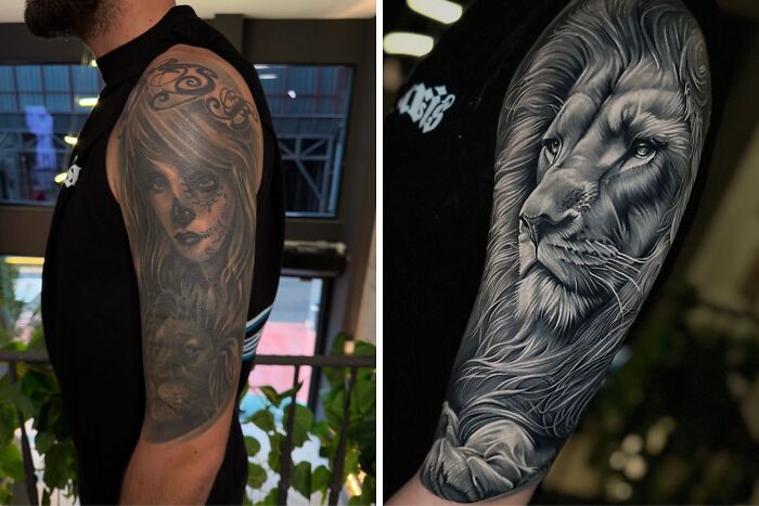 An old, faded portrait tattoo regret is completely transformed into a detailed lion cover-up tattoo.