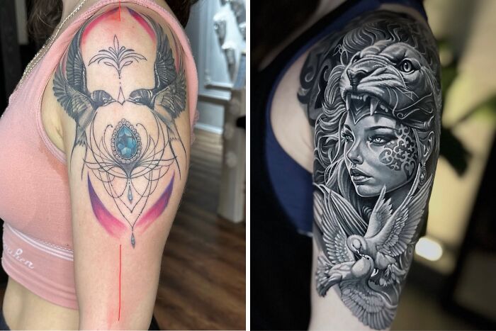 A before-and-after image showing a colorful shoulder tattoo transformed into an elaborate cover-up of a woman and lion.