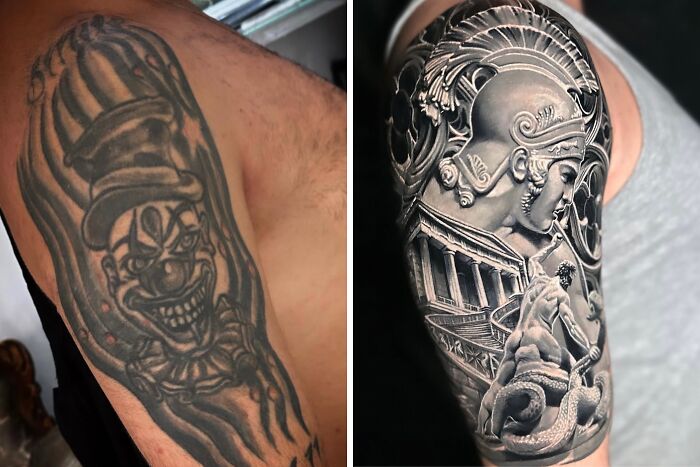 A before-and-after image showing a scary clown shoulder tattoo transformed into a detailed cover-up of a Roman statue.