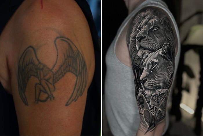 A before-and-after image showing a faded angel arm tattoo transformed into an impressive cover-up of a lion family.
