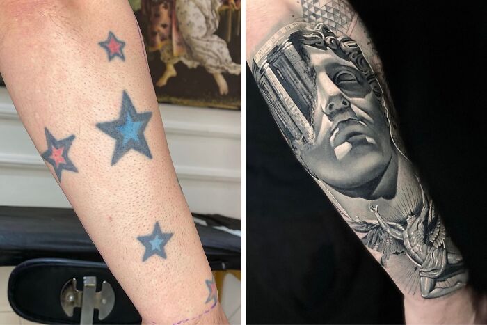 A before-and-after image showing small star tattoos on an arm transformed into an artistic cover-up of a classical bust.
