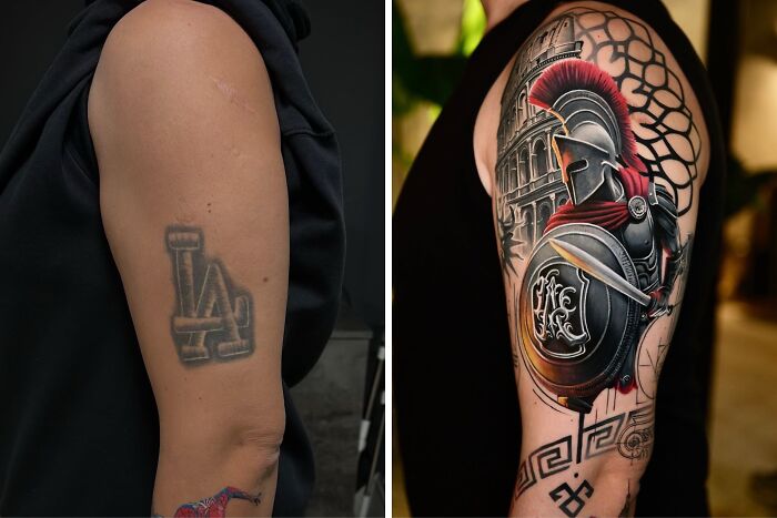 Before and after, an LA logo tattoo regret is covered up by an impressive Spartan warrior design.