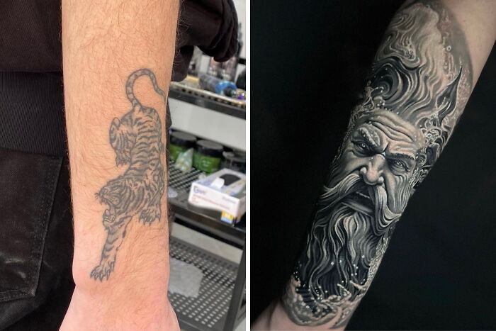 A before-and-after image showing an old tiger tattoo regret transformed into an incredible Poseidon cover-up tattoo.