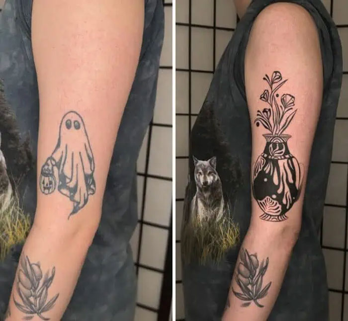 Arm tattoo cover-up: a ghost figure replaced by an ornate vase with flowers, transforming old ink.