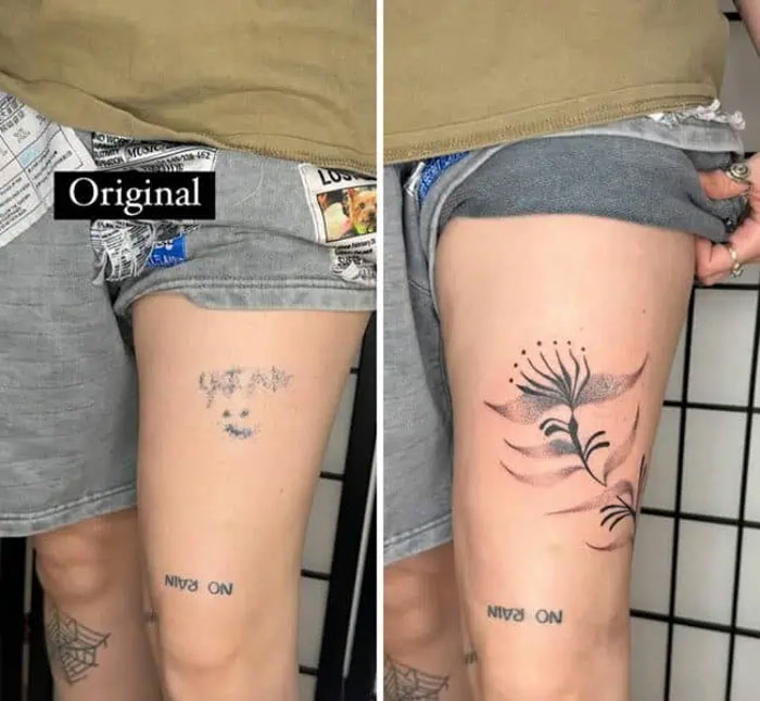 Leg tattoo cover-up: an old faded design transformed into a detailed botanical illustration with flowers.