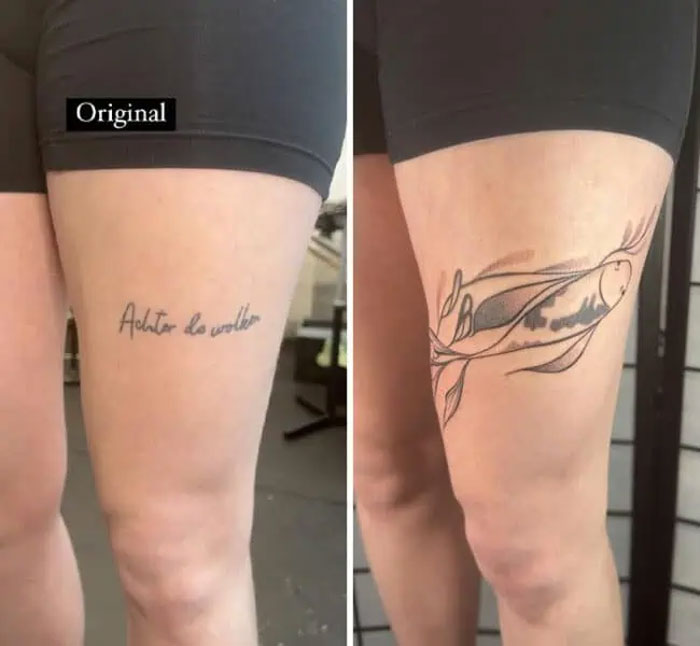 Thigh tattoo cover-up transforming a script tattoo into a delicate and flowing fish design.