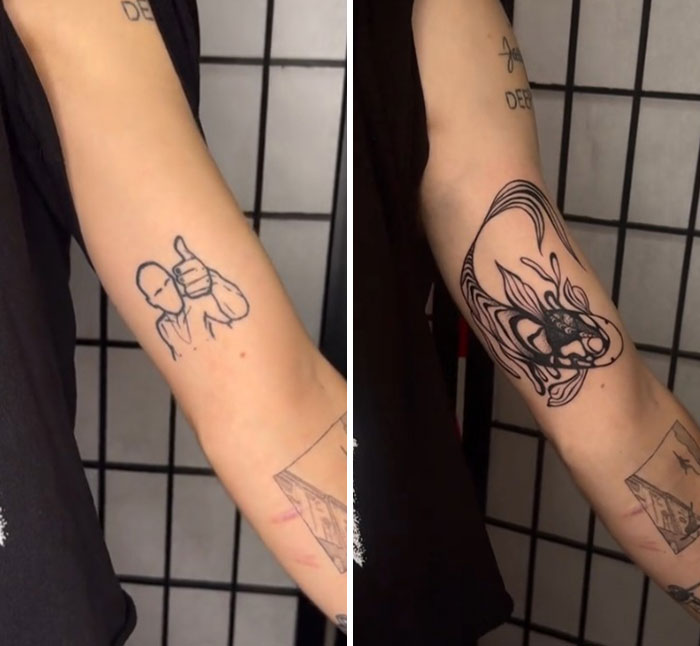 Arm tattoo cover-up: a minimalist figure replaced by an elaborate, illustrative koi fish design.