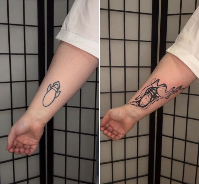 Before and after, an old simplistic arm tattoo transformed into a flowing, abstract artwork cover-up.