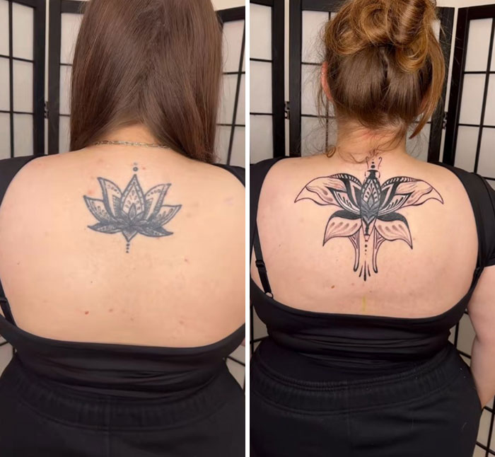 Before and after, an existing lotus tattoo on a back is transformed into a larger, more intricate black floral design.