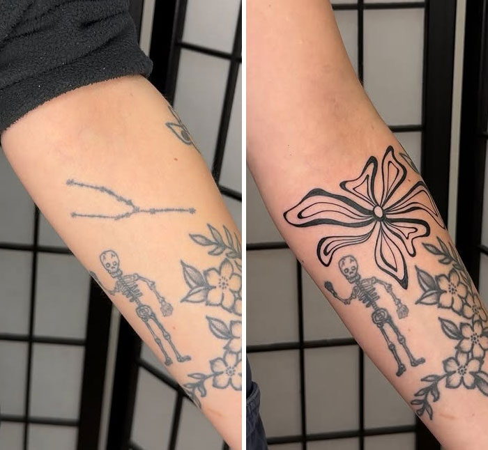 Before and after, a faded constellation tattoo is covered up and incorporated into a new black and white floral design.