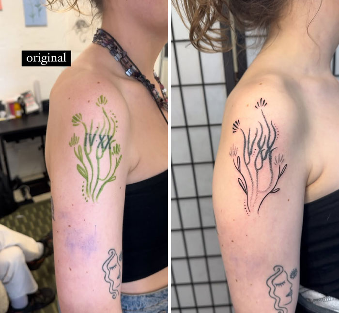 Before and after, a green plant tattoo on a shoulder is covered up with a minimalist black and dotted plant design.