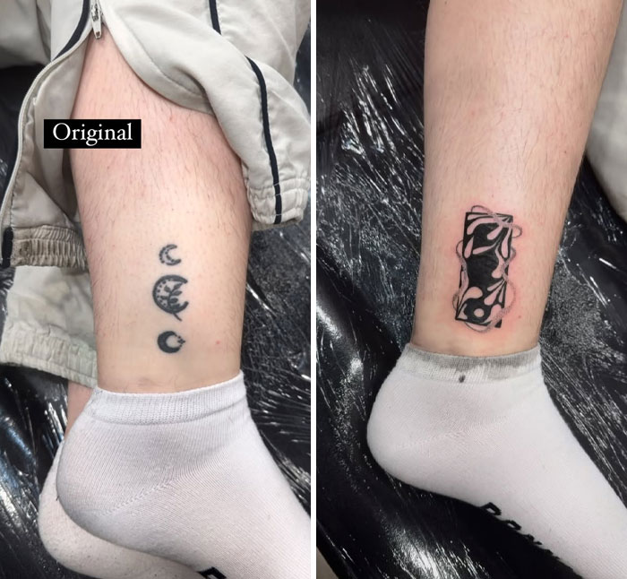 Before and after, a small crescent moon tattoo on an ankle is covered up with a modern black rectangular design.