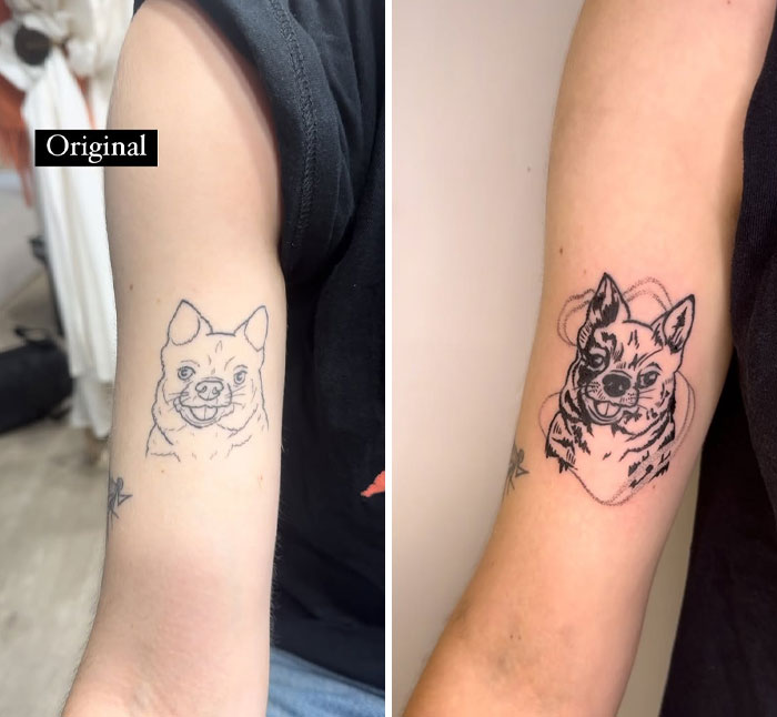 Before and after, an old dog outline tattoo is covered up with a detailed new dog tattoo, transforming old ink.