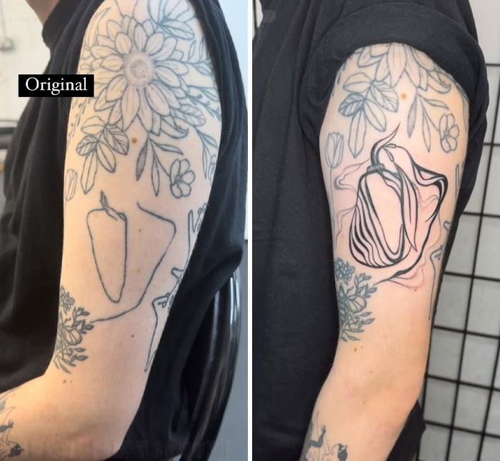 Before and after image of a tattoo cover-up transforming an old outline sleeve into a new abstract design.
