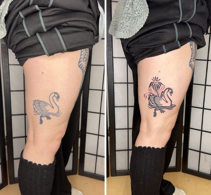 An incredible tattoo cover-up showing a simple swan tattoo regret transformed into a more intricate and bold design.