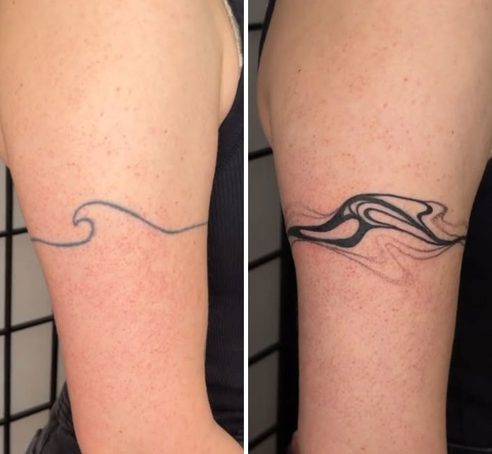 A before-and-after image of a minimal wave tattoo regret transformed into an artistic, swirling wave cover-up.