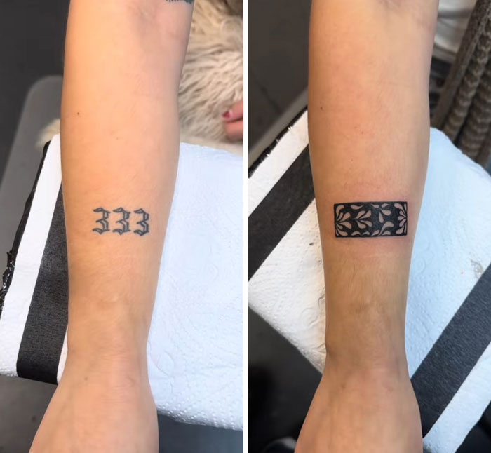 Before and after image of a tattoo cover-up transforming old numerical ink into a decorative band.