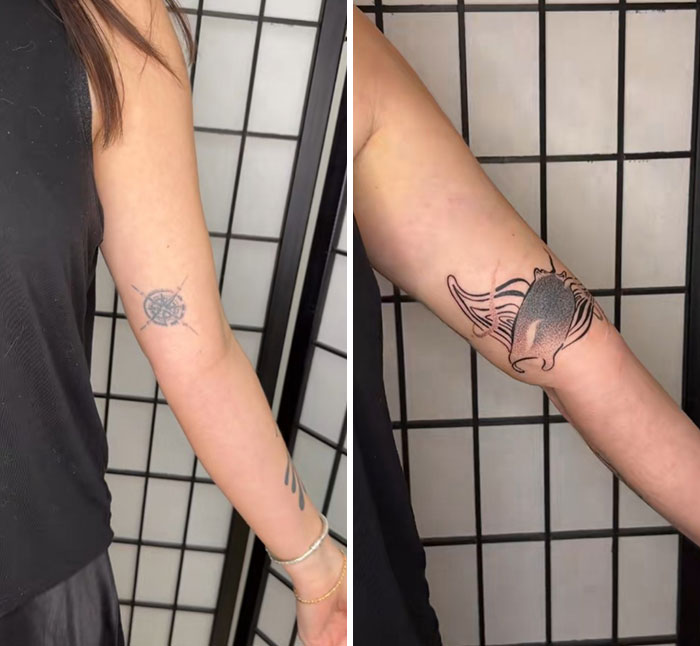 Before and after image of a tattoo cover-up transforming a small compass into a stylized seashell.
