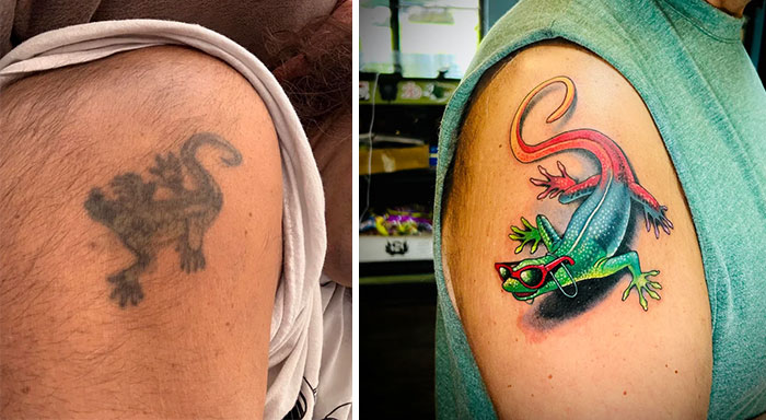 Before and after tattoo cover-up transformation: an old faded tattoo becomes a vibrant, stylish lizard.