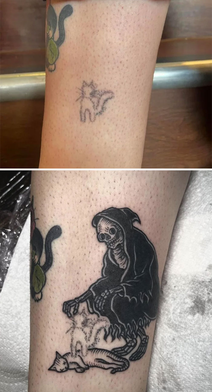 A before-and-after image showing a small cat tattoo regret transformed into a large, detailed grim reaper cover-up.
