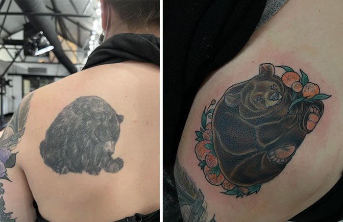 A before-and-after image of a person's back, showing a dark, less detailed bear tattoo transformed into a vibrant, detailed bear surrounded by flowers, exemplifying incredible tattoo cover-ups.