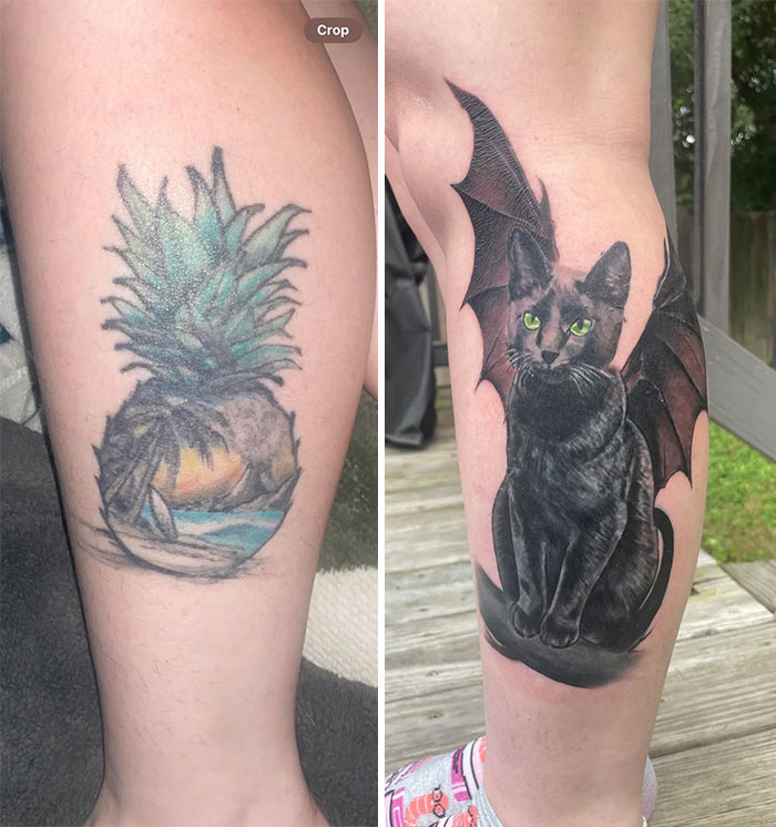 A before-and-after image of a person's leg, showing a pineapple tattoo with a beach scene transformed into a black cat with bat wings, illustrating incredible tattoo cover-ups.