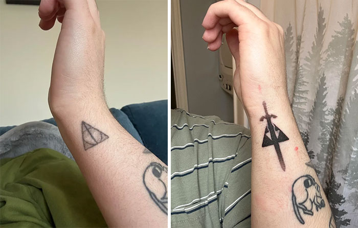 A before-and-after image of a person's forearm, showing a simple triangle tattoo transformed into a sword and triangle design, demonstrating incredible tattoo cover-ups.