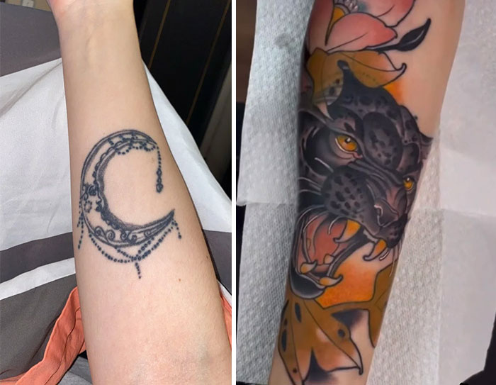 A before-and-after image showing a tattoo cover-up, transforming a delicate moon tattoo into a roaring black panther with colorful leaves.