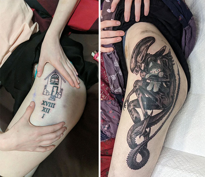 A before-and-after image showing a small house tattoo with Roman numerals transformed into a detailed monster tattoo cover-up.