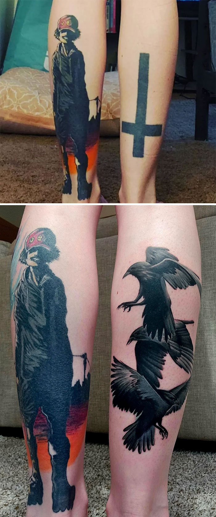 A before-and-after image showing two leg tattoos: a figure and an upside-down cross, transformed into new tattoo cover-ups.