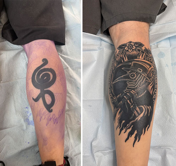 A before-and-after image showing a tattoo cover-up, transforming a black abstract symbol into a dark plague doctor.