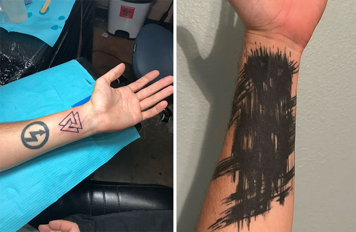 A before-and-after image showing a tattoo cover-up, transforming two small wrist tattoos into an abstract black brushstroke design.