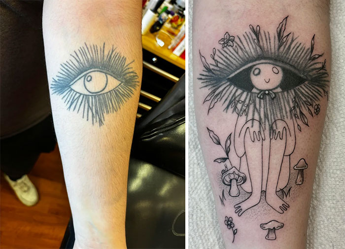 A before-and-after image showing a small eye tattoo on an arm transformed into a creative, whimsical tattoo cover-up.