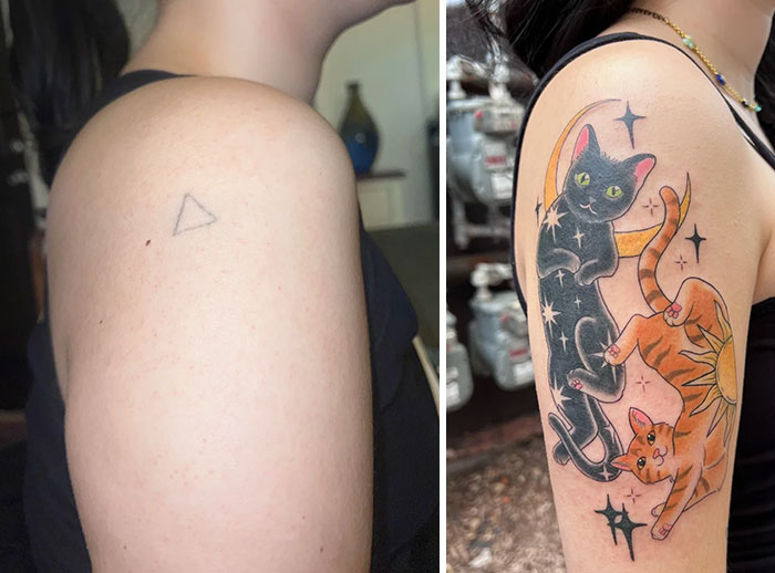Before and after tattoo transformation: a small triangle is covered by a colorful celestial cat cover-up on an arm.