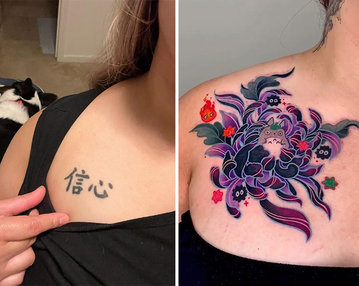 A before and after image showing an old kanji tattoo transformed into a vibrant Totoro-themed floral cover-up.