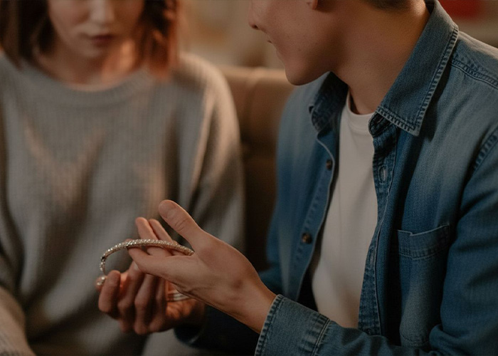 A man showing a woman a bracelet, depicting a kidnapping and a lost life, with her husband arrested. A man showing a woman a bracelet, depicting a kidnapping and a lost life, with her husband arrested.