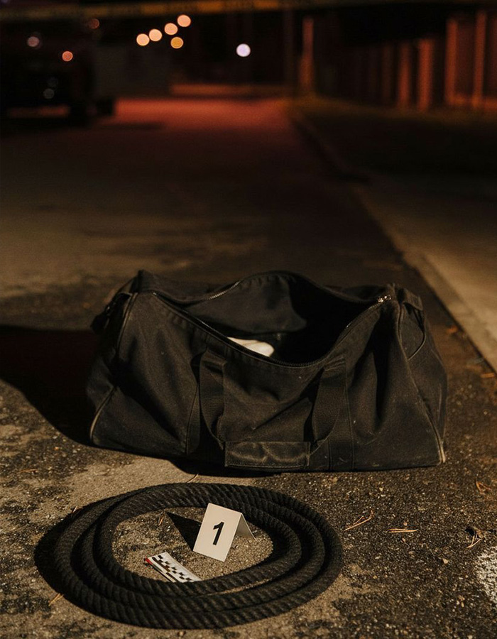 A black duffel bag and rope at night with evidence markers, signifying a violent kidnapping and lost life. A black duffel bag and rope at night with evidence markers, signifying a violent kidnapping and lost life.